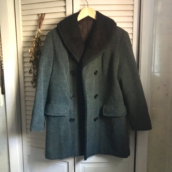 {Vintage} Dark Teal Fuzzy Collar Pea Coat, M/L - Picture 2 of 8